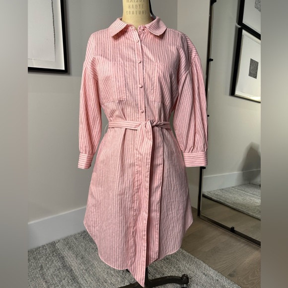 Cinq a Sept Pink Pinstriped Button-Up Dress Condition: Excellent pre-owned - Picture 1 of 4